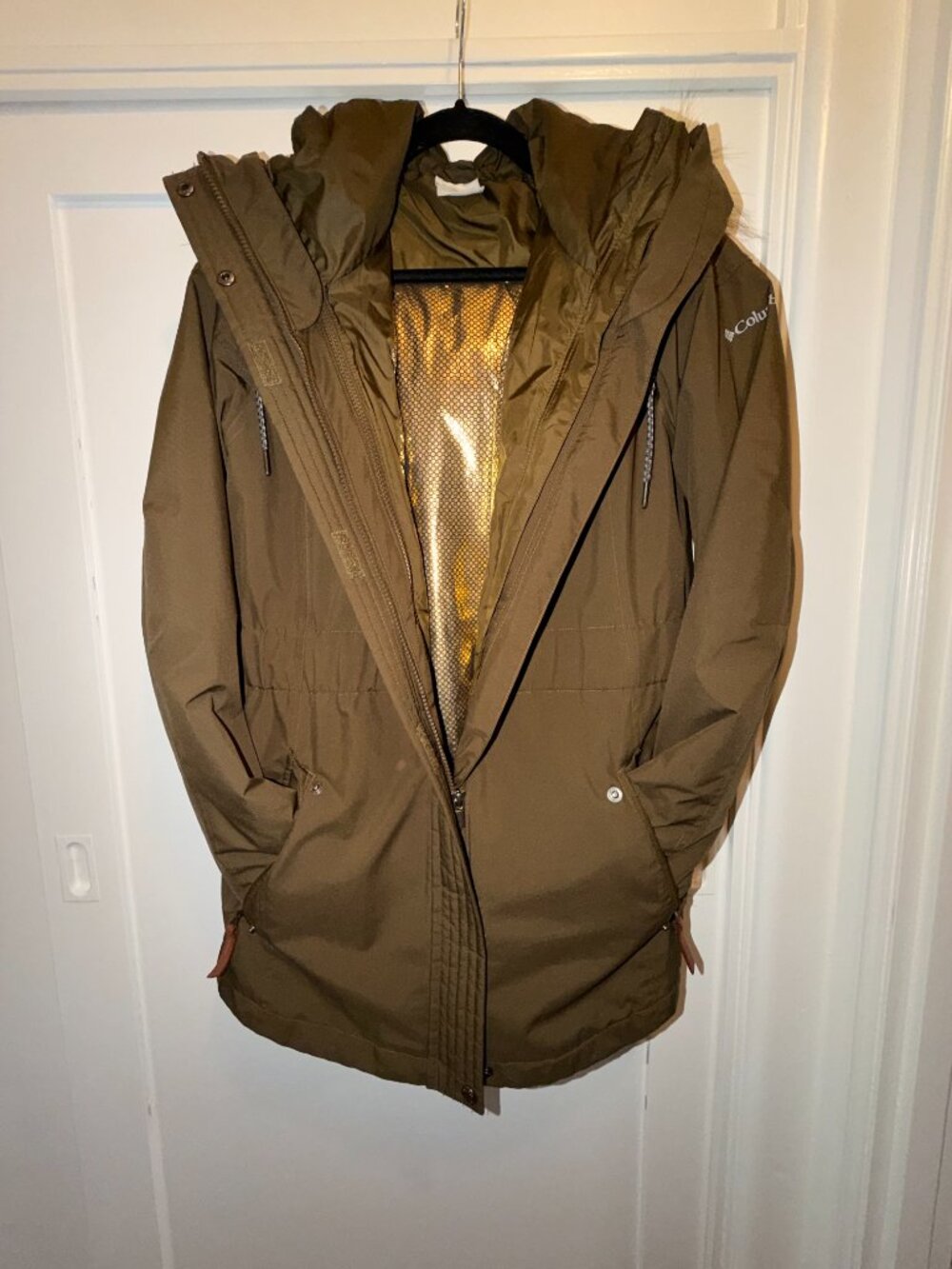 Columbia women’s 3-in-1 Interchange winter parka in olive/army green, M